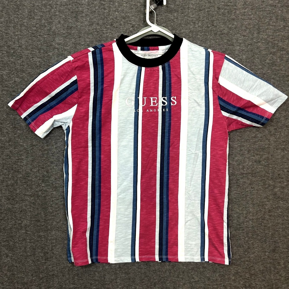 VTG 90 Guess Vertical Striped Embroidered Spellout Short Sleeve Shirt Size Small - Picture 1 of 14